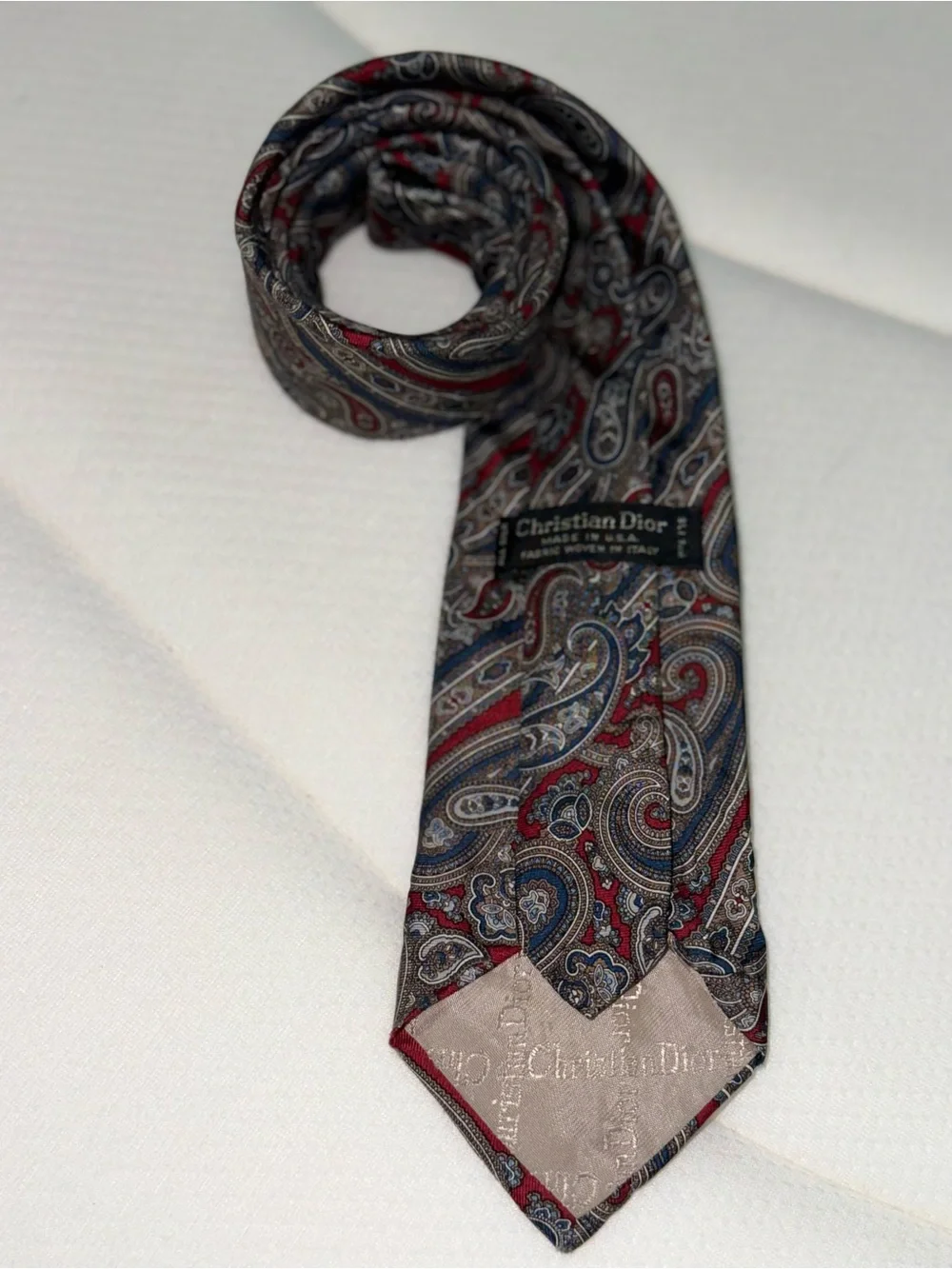Christian Dior Luxury All Silk Paisley Tie Red & Navy designer Italian woven